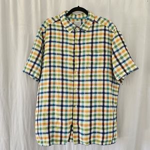 Steve Harvey Collection Linen Blend Camp Shirt Multi Plaid Men's  XL